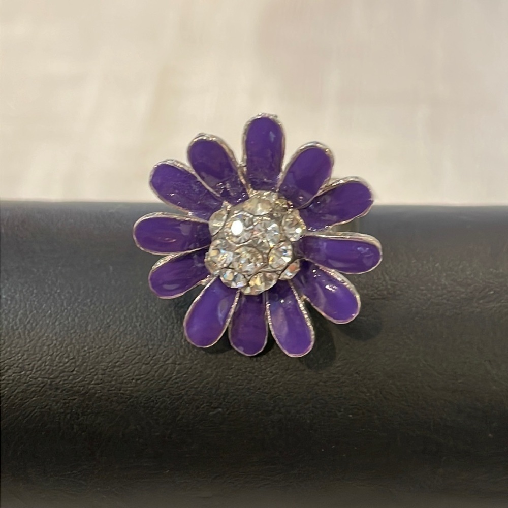 💐5/25 purple enamel sunflower bold large statement ring stretch band rhinestone
